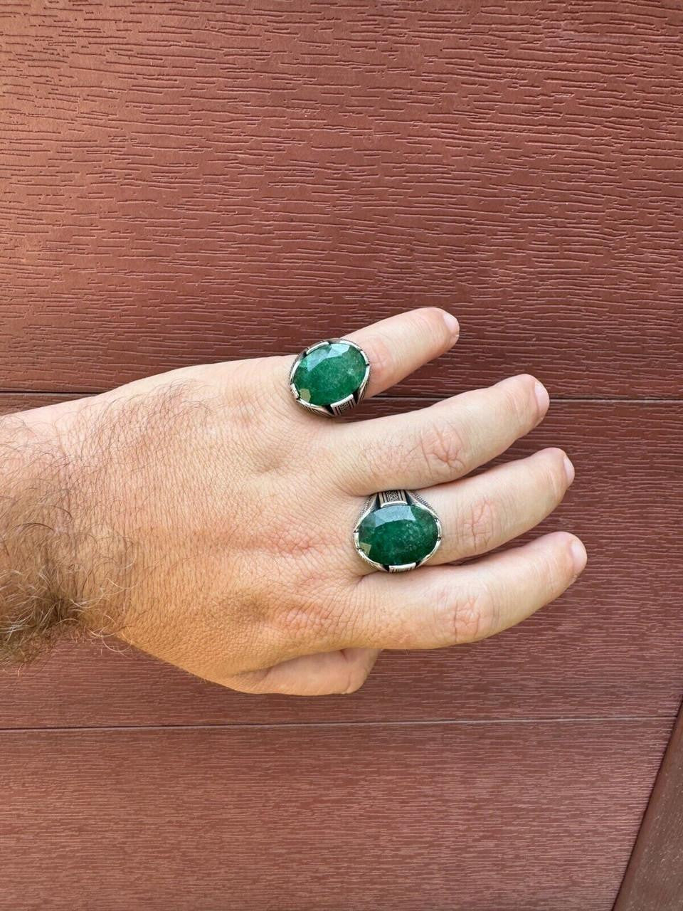 Wealth Ring - 925 Silver Oxidized - Genuine Green Emerald Stone