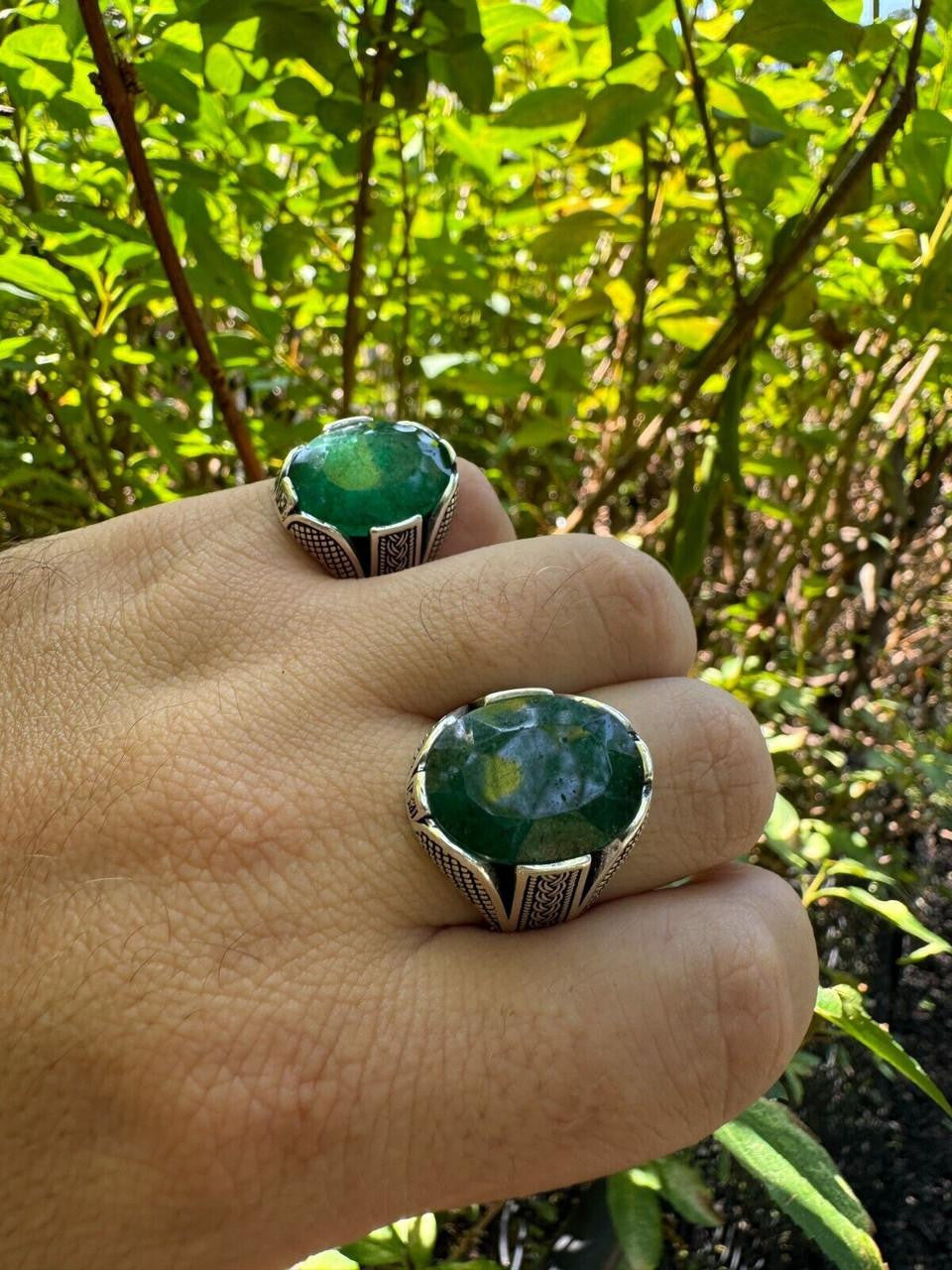 Wealth Ring - 925 Silver Oxidized - Genuine Green Emerald Stone