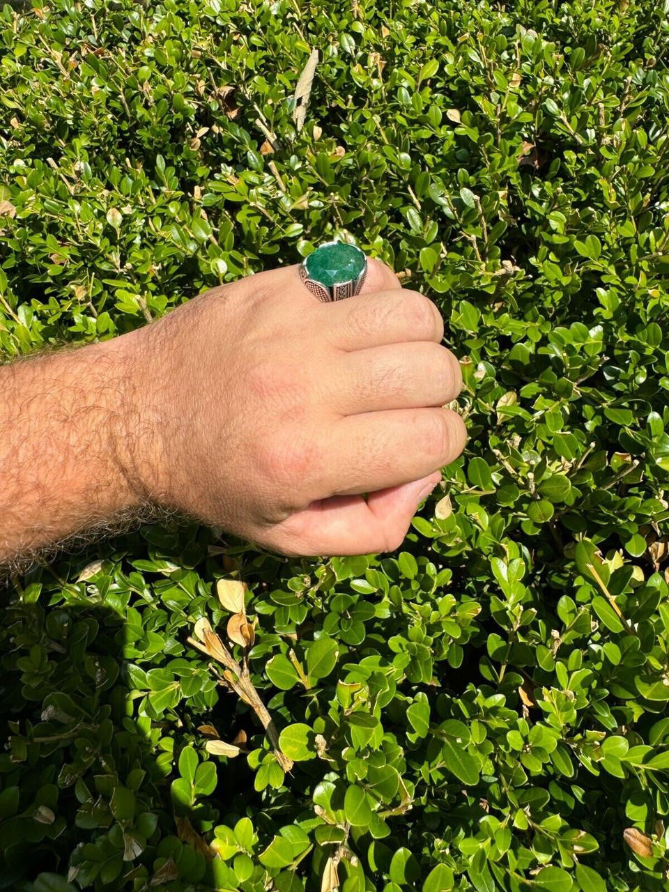 Wealth Ring - 925 Silver Oxidized - Genuine Green Emerald Stone