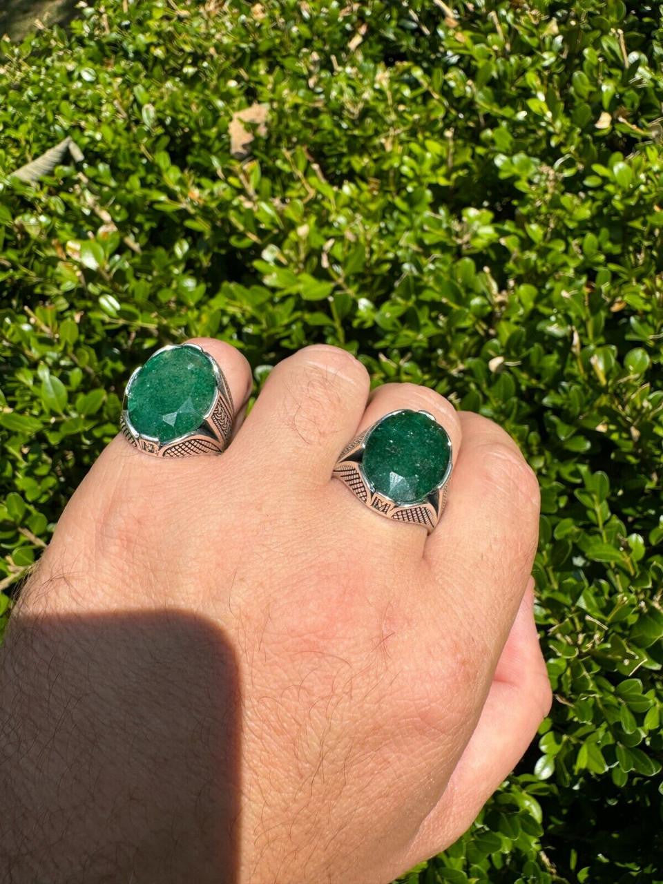 Wealth Ring - 925 Silver Oxidized - Genuine Green Emerald Stone