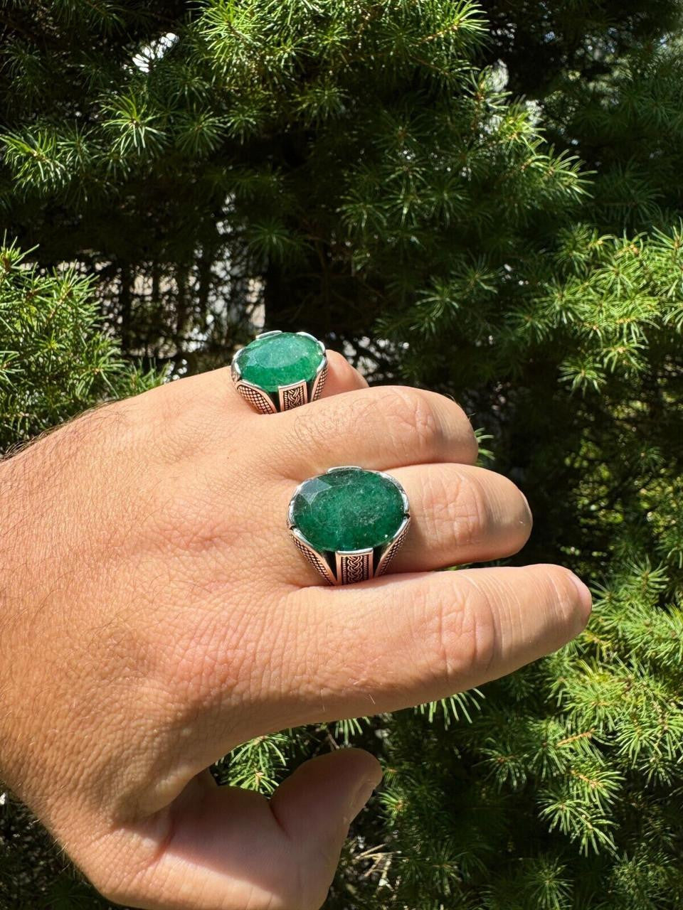 Wealth Ring - 925 Silver Oxidized - Genuine Green Emerald Stone