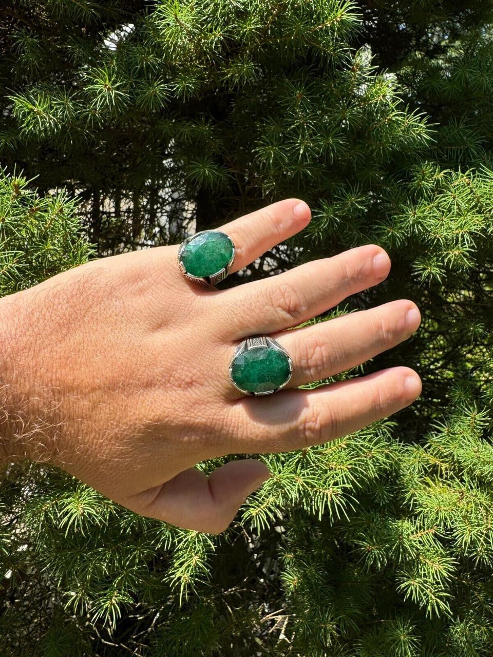 Wealth Ring - 925 Silver Oxidized - Genuine Green Emerald Stone