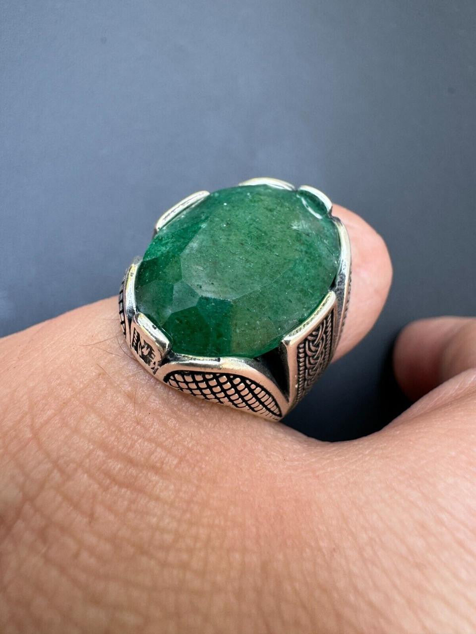 Wealth Ring - 925 Silver Oxidized - Genuine Green Emerald Stone