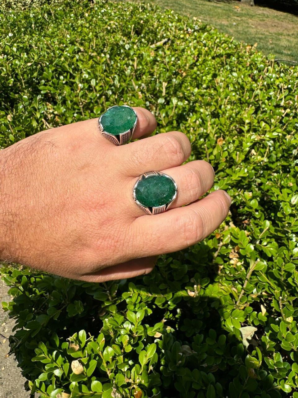 Wealth Ring - 925 Silver Oxidized - Genuine Green Emerald Stone