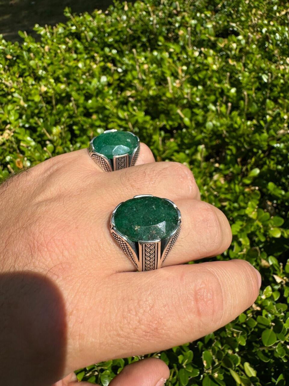 Wealth Ring - 925 Silver Oxidized - Genuine Green Emerald Stone