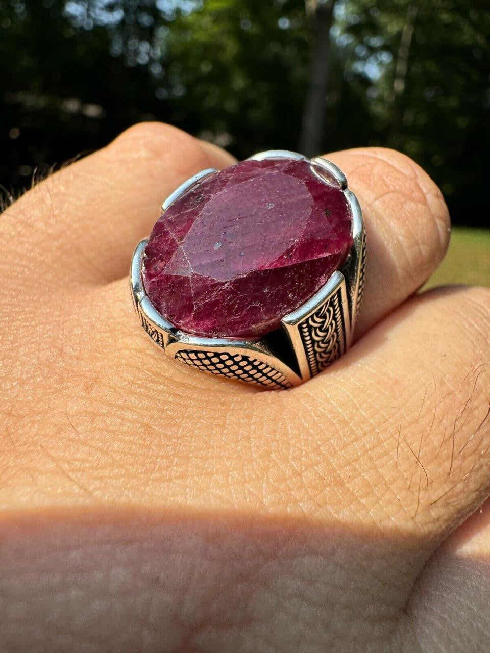 Wealth Ring - 925 Silver Oxidized - Genuine Red Ruby Stone