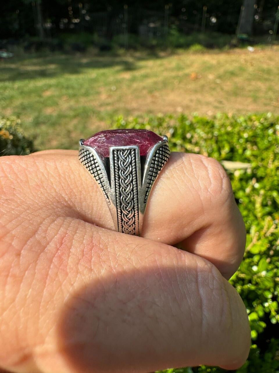 Wealth Ring - 925 Silver Oxidized - Genuine Red Ruby Stone