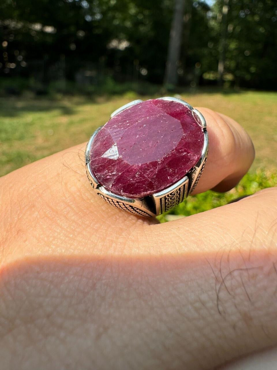 Wealth Ring - 925 Silver Oxidized - Genuine Red Ruby Stone