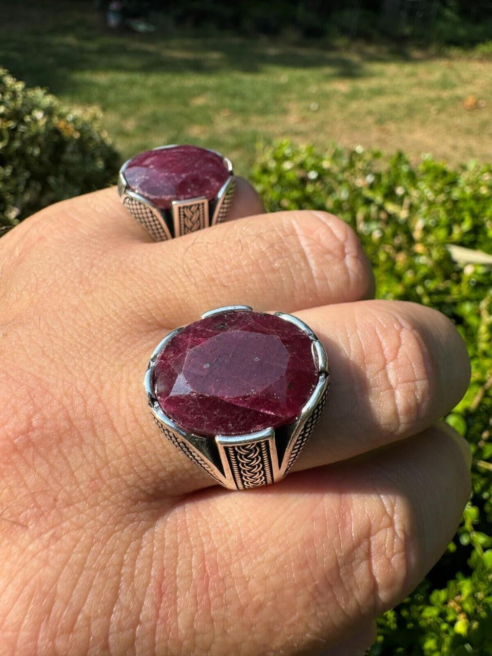 Wealth Ring - 925 Silver Oxidized - Genuine Red Ruby Stone