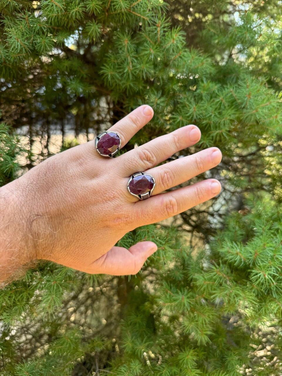 Wealth Ring - 925 Silver Oxidized - Genuine Red Ruby Stone