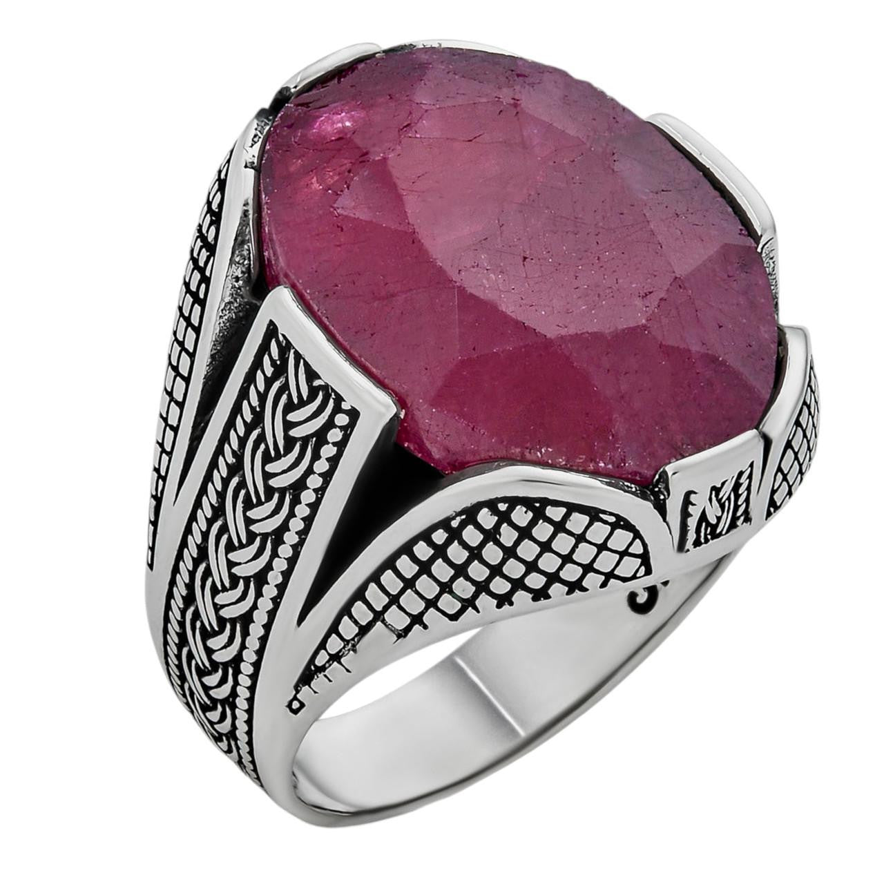 Wealth Ring - 925 Silver Oxidized - Genuine Red Ruby Stone