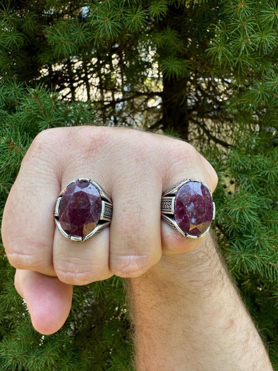 Wealth Ring - 925 Silver Oxidized - Genuine Red Ruby Stone