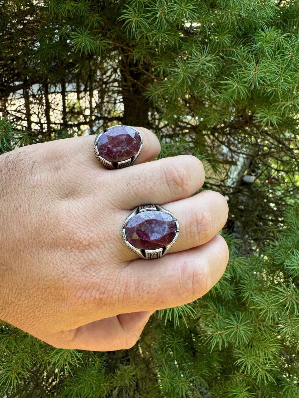 Wealth Ring - 925 Silver Oxidized - Genuine Red Ruby Stone