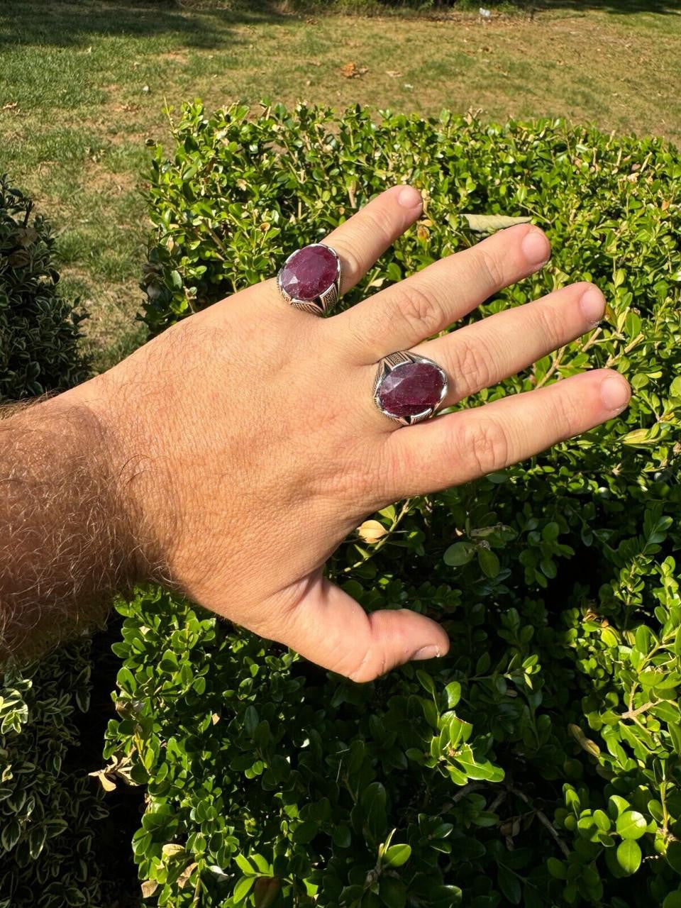 Wealth Ring - 925 Silver Oxidized - Genuine Red Ruby Stone