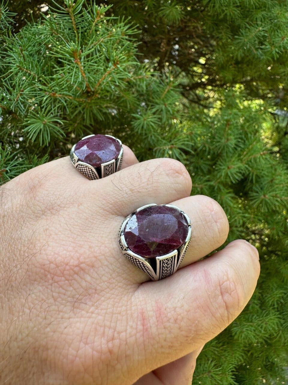 Wealth Ring - 925 Silver Oxidized - Genuine Red Ruby Stone
