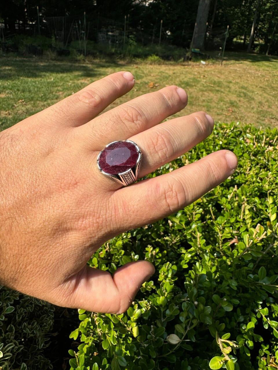 Wealth Ring - 925 Silver Oxidized - Genuine Red Ruby Stone