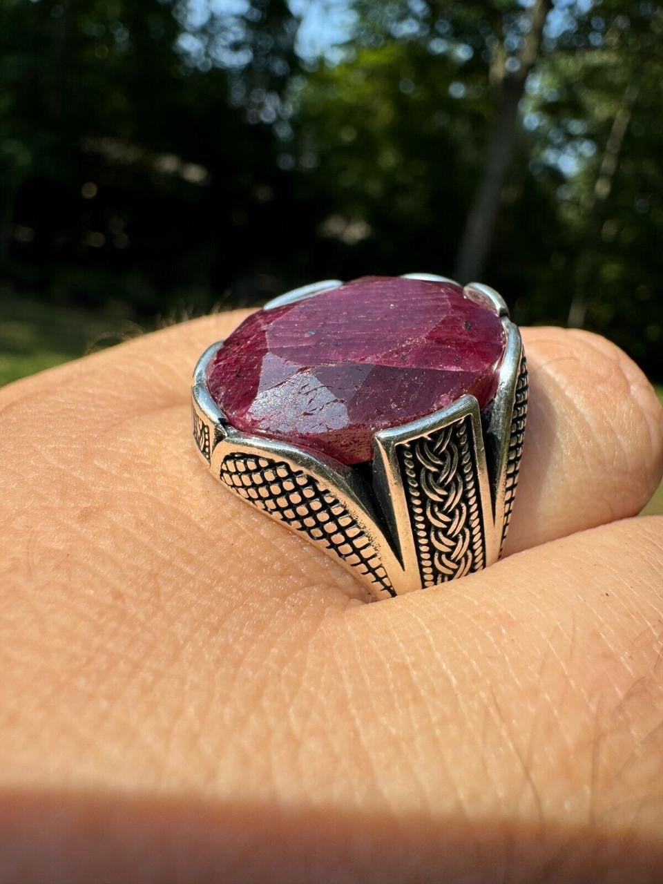 Wealth Ring - 925 Silver Oxidized - Genuine Red Ruby Stone