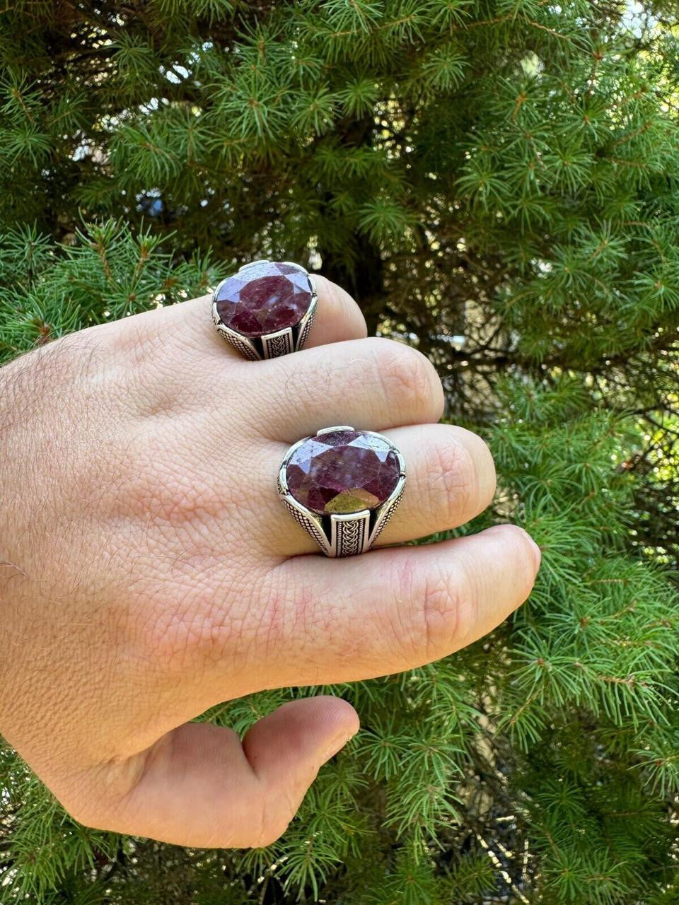 Wealth Ring - 925 Silver Oxidized - Genuine Red Ruby Stone