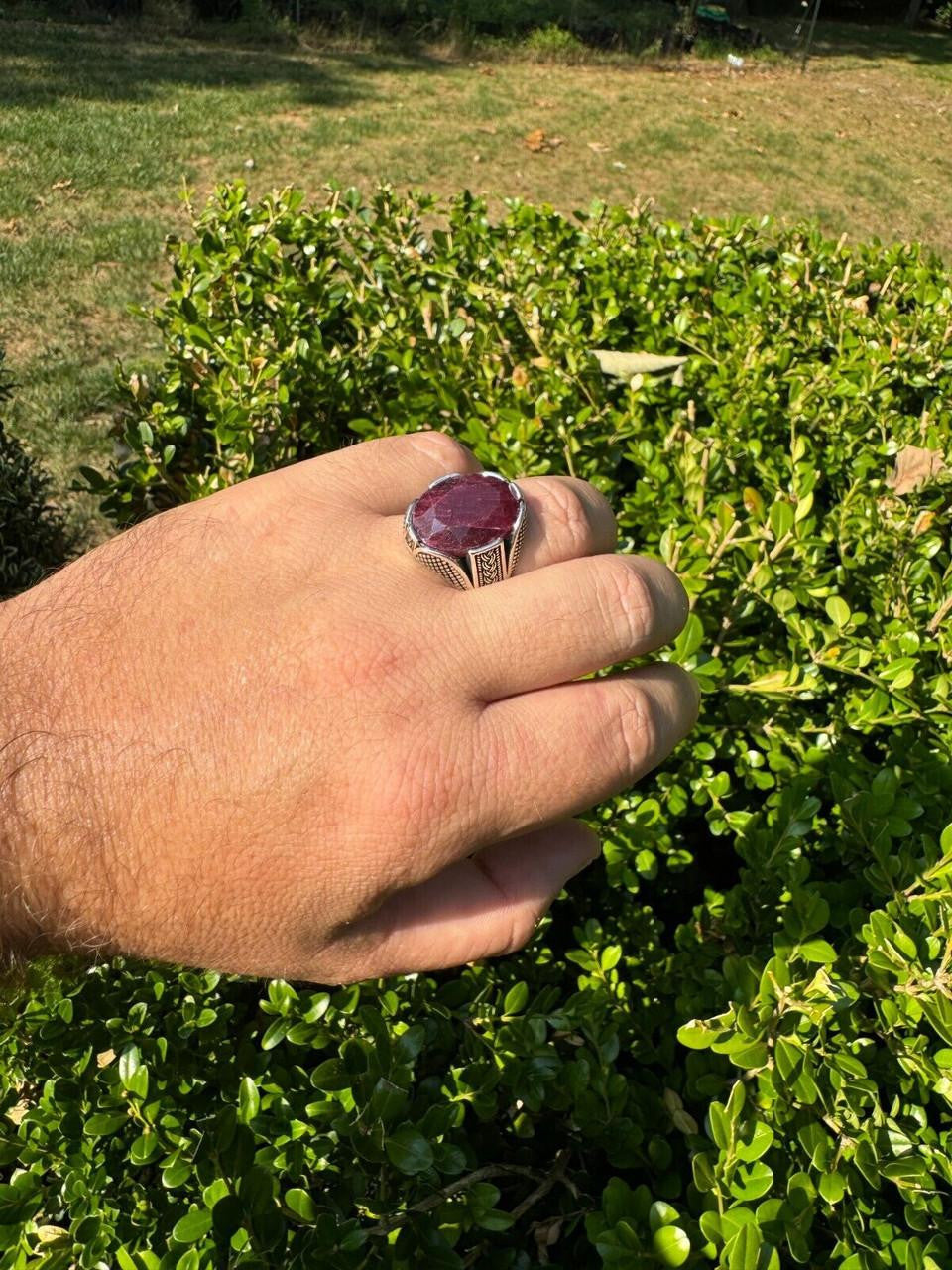 Wealth Ring - 925 Silver Oxidized - Genuine Red Ruby Stone
