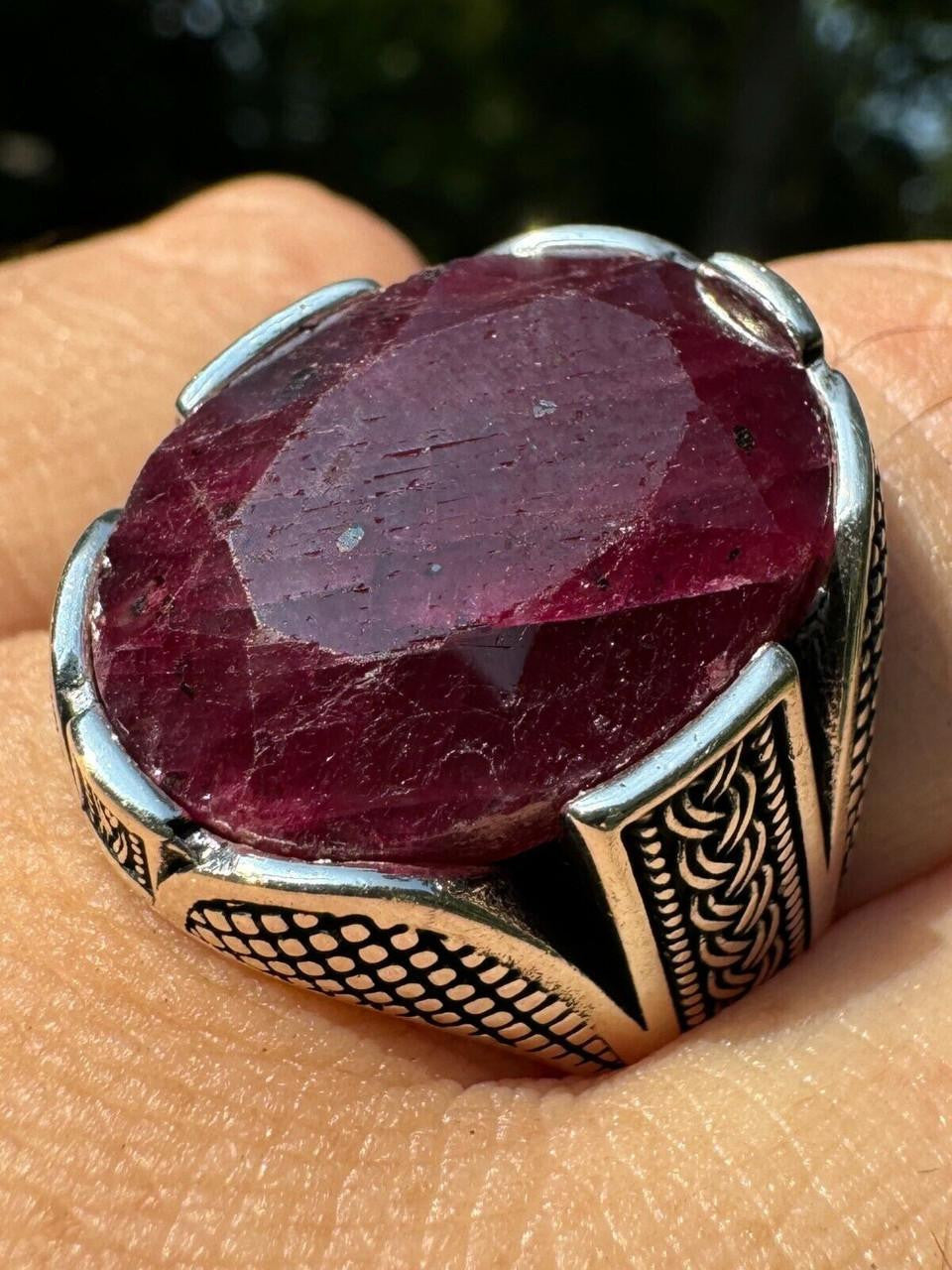 Wealth Ring - 925 Silver Oxidized - Genuine Red Ruby Stone