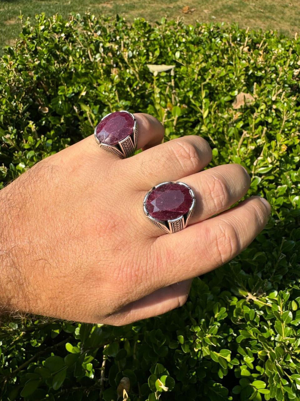 Wealth Ring - 925 Silver Oxidized - Genuine Red Ruby Stone