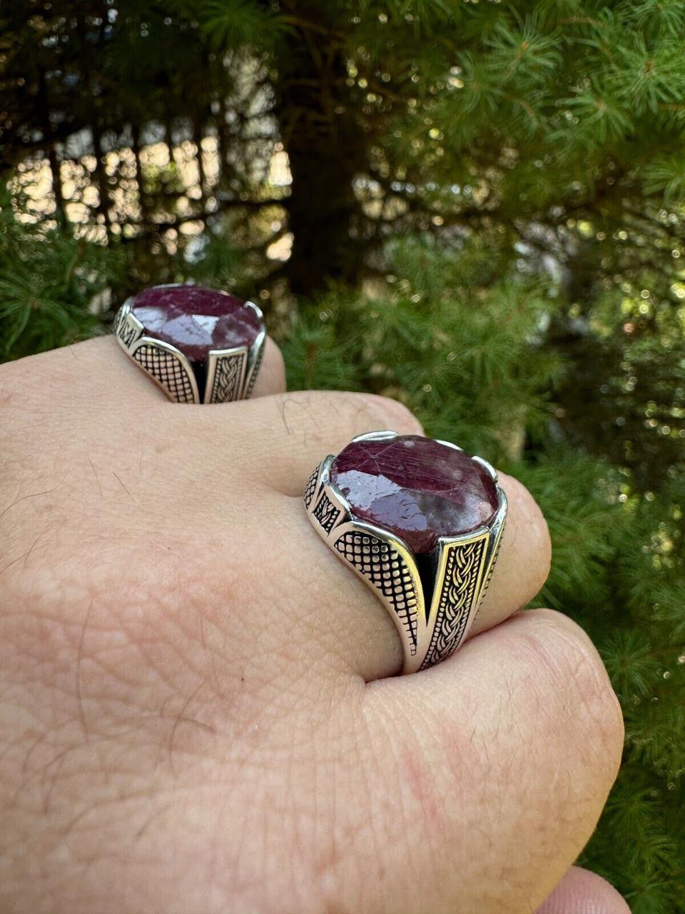 Wealth Ring - 925 Silver Oxidized - Genuine Red Ruby Stone