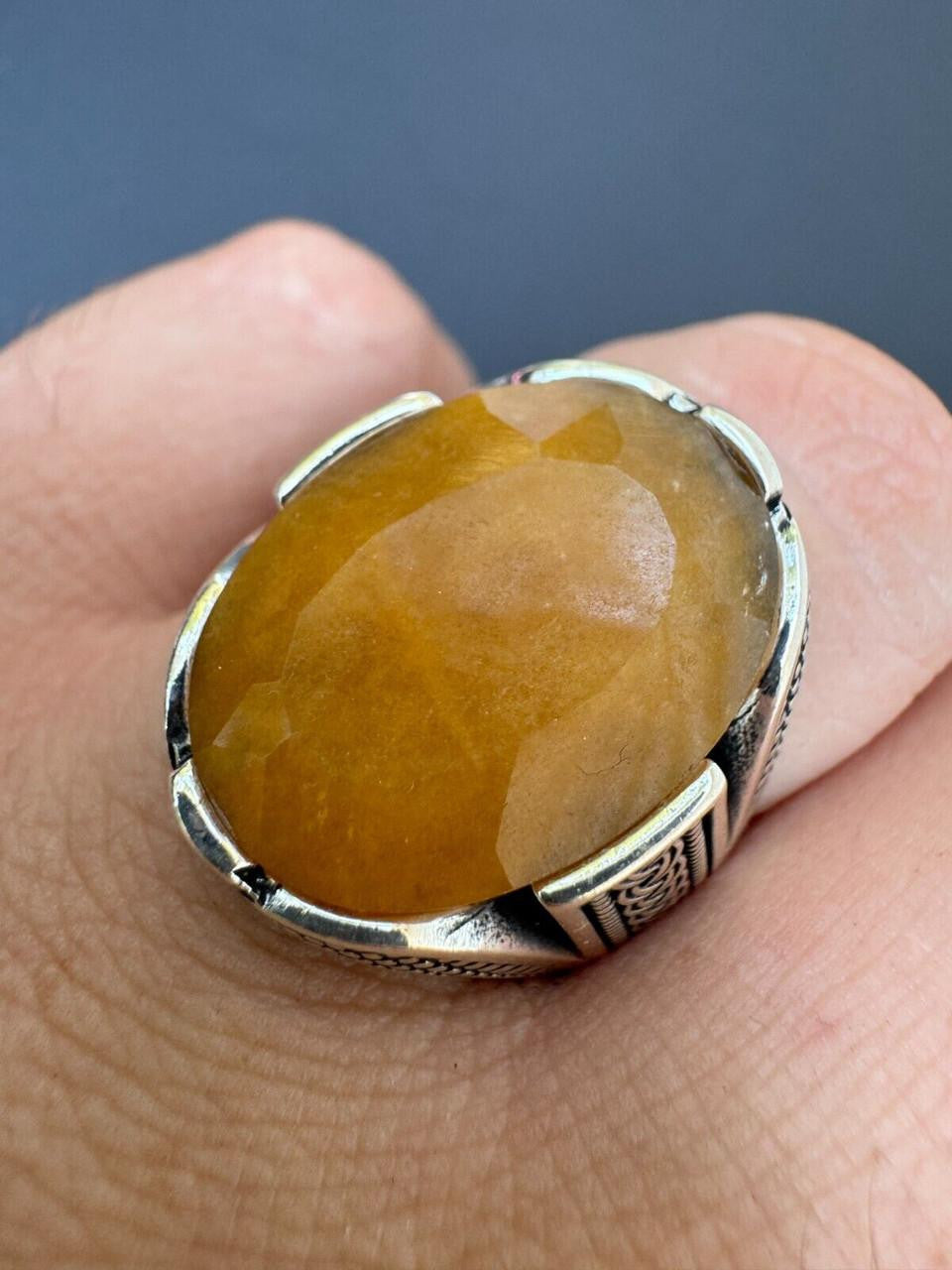 Wealth Ring - 925 Silver Oxidized - Genuine Yellow Sapphire Stone