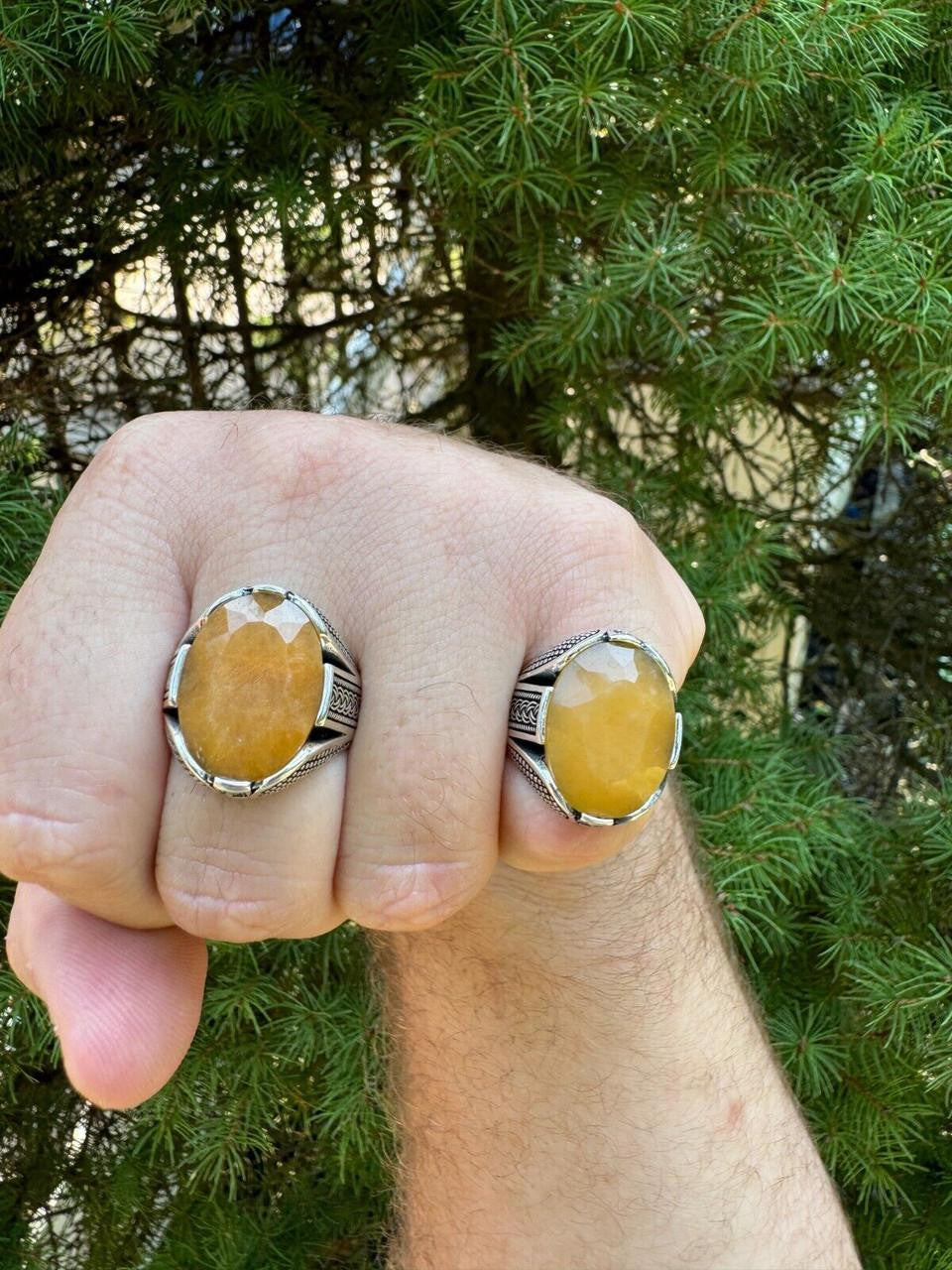 Wealth Ring - 925 Silver Oxidized - Genuine Yellow Sapphire Stone