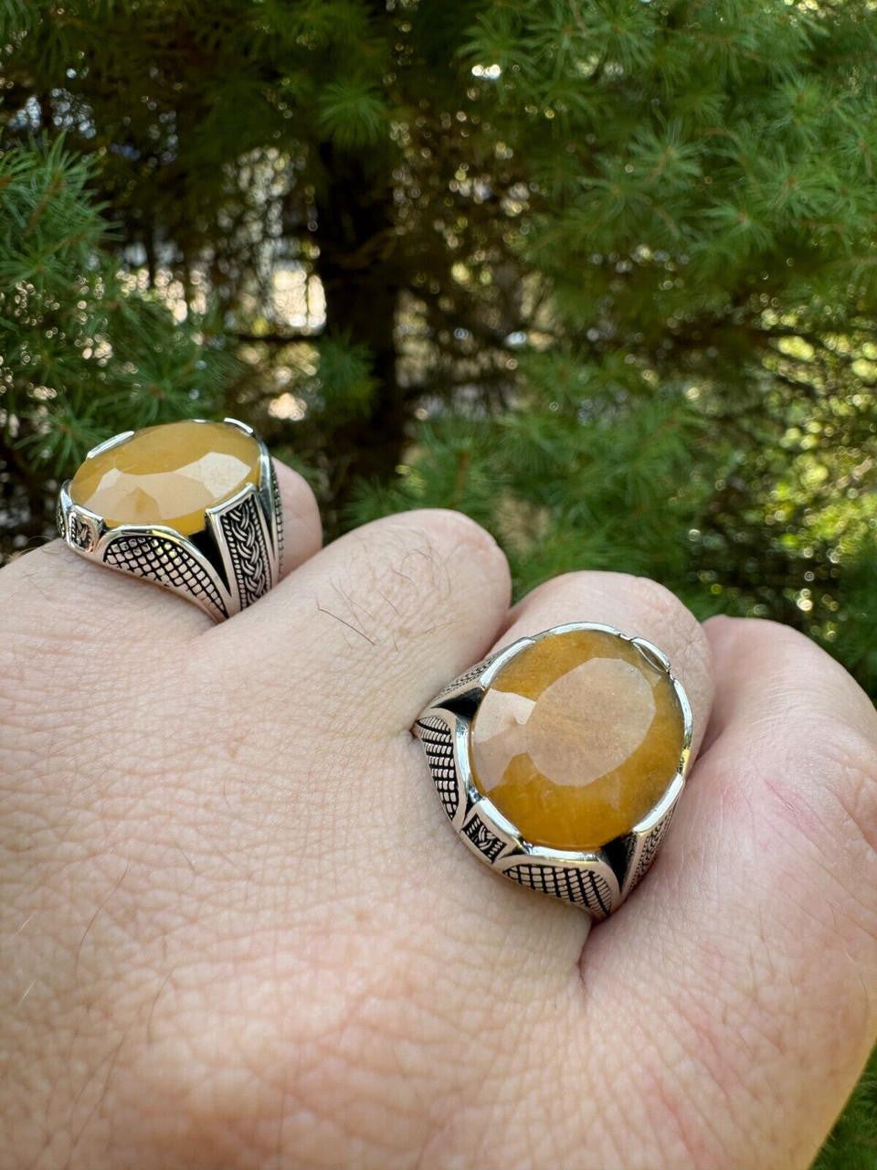 Wealth Ring - 925 Silver Oxidized - Genuine Yellow Sapphire Stone