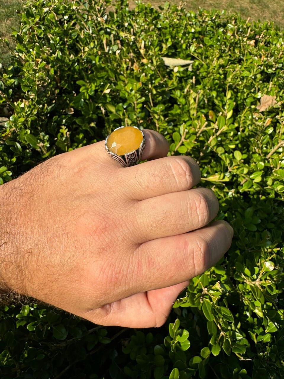 Wealth Ring - 925 Silver Oxidized - Genuine Yellow Sapphire Stone