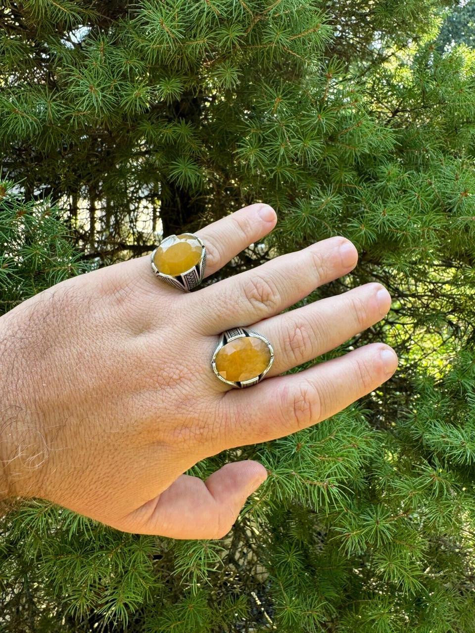 Wealth Ring - 925 Silver Oxidized - Genuine Yellow Sapphire Stone