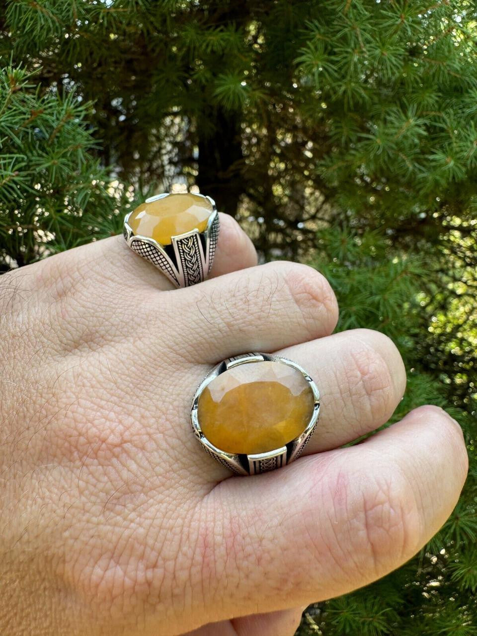 Wealth Ring - 925 Silver Oxidized - Genuine Yellow Sapphire Stone