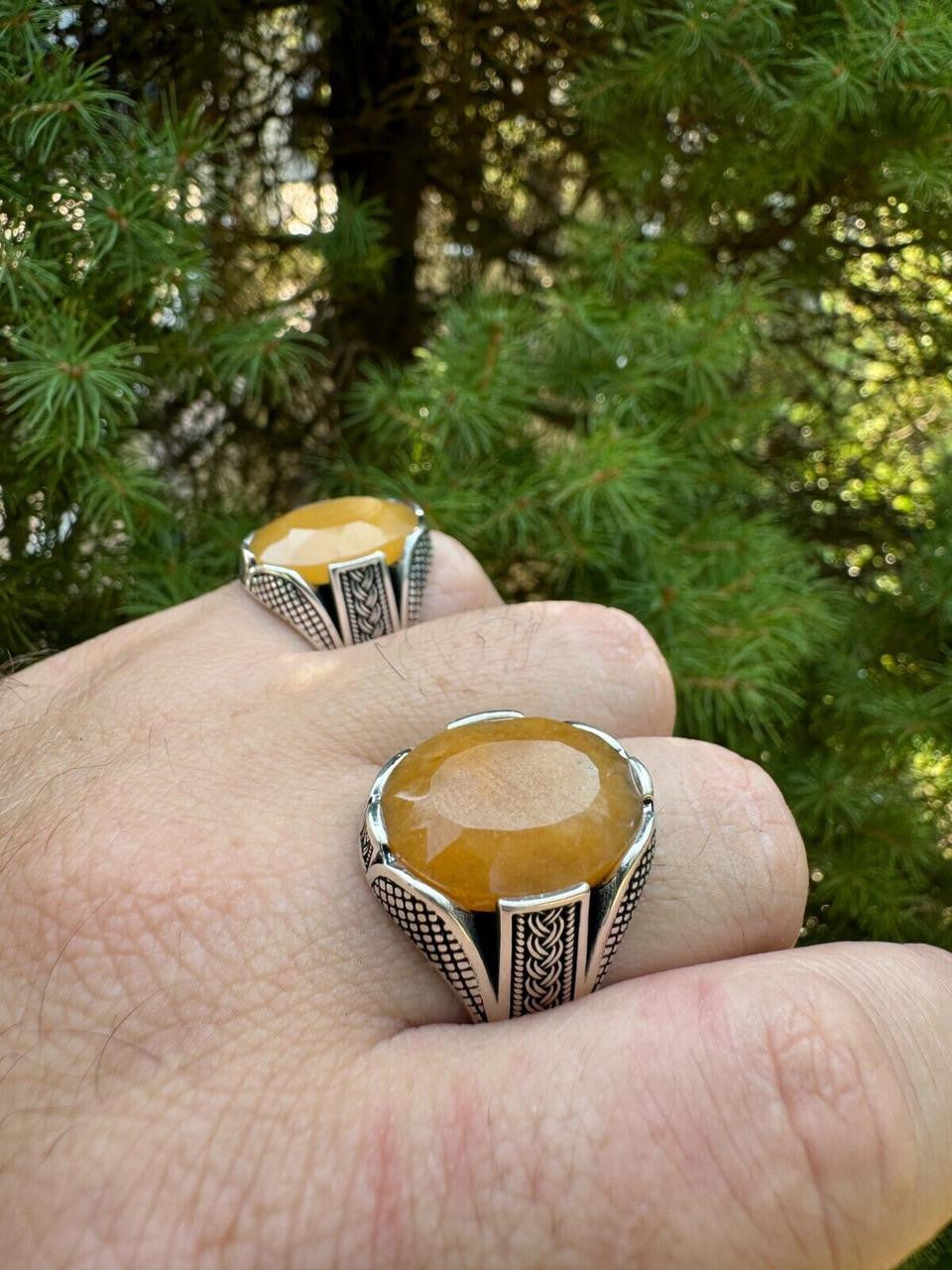 Wealth Ring - 925 Silver Oxidized - Genuine Yellow Sapphire Stone