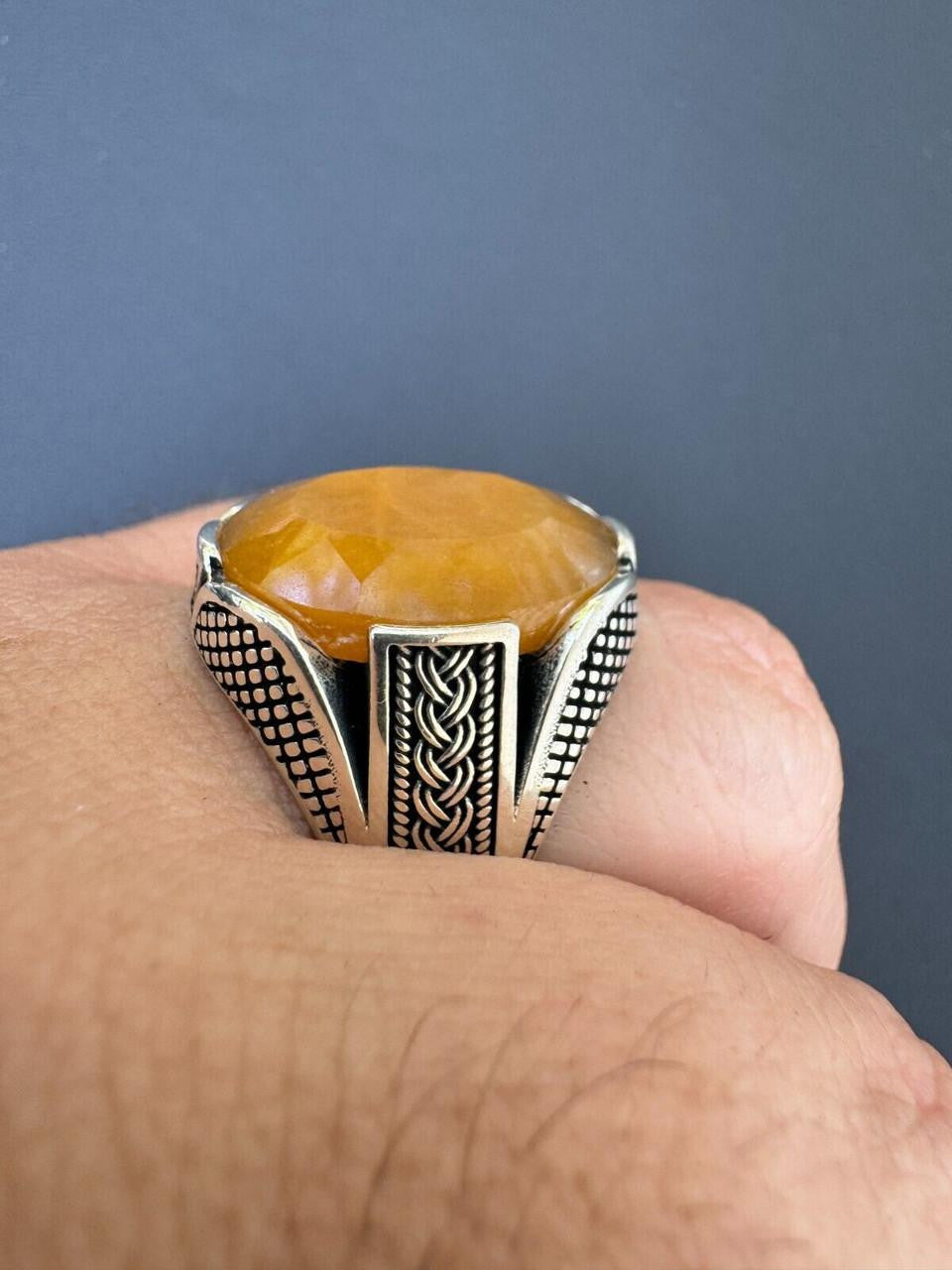Wealth Ring - 925 Silver Oxidized - Genuine Yellow Sapphire Stone