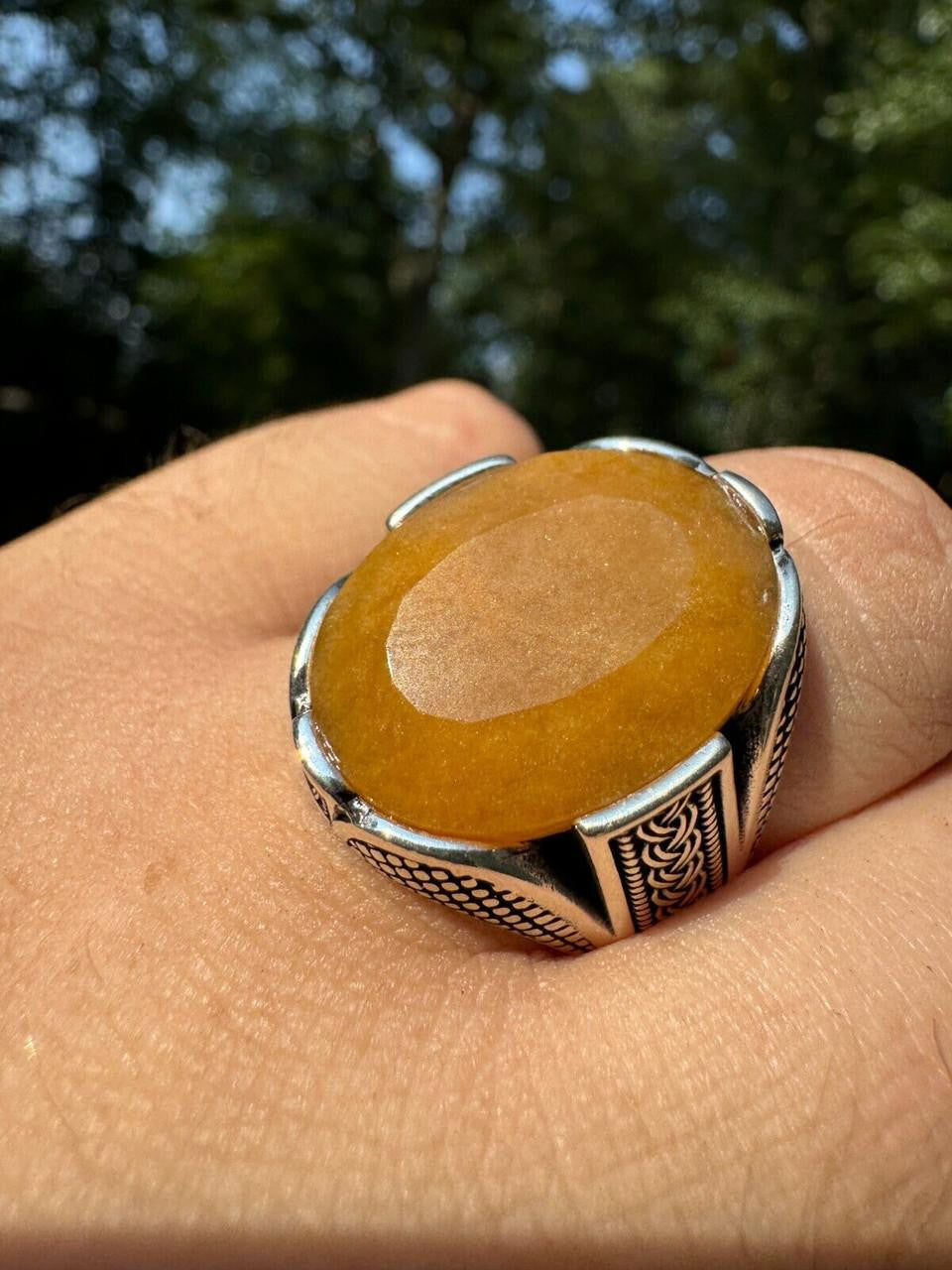 Wealth Ring - 925 Silver Oxidized - Genuine Yellow Sapphire Stone