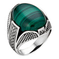 Wealth Ring - 925 Silver Oxidized - Genuine Green Malachite Stone