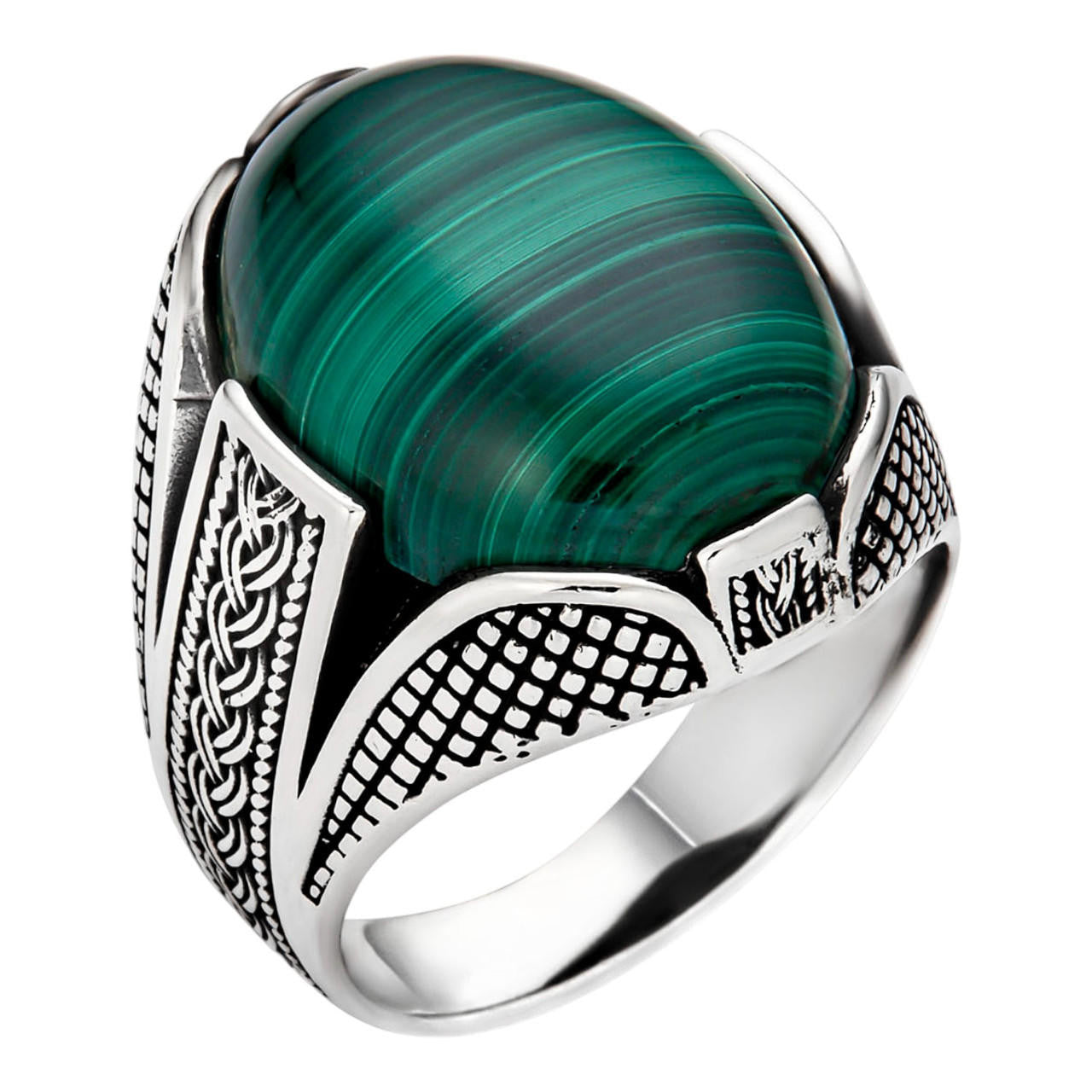 Wealth Ring - 925 Silver Oxidized - Genuine Green Malachite Stone