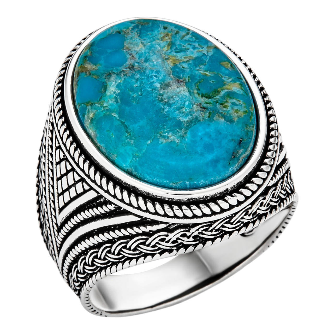 Wisdom Is Power Ring - 925 Silver Oxidized - Genuine Blue Turquoise Stone