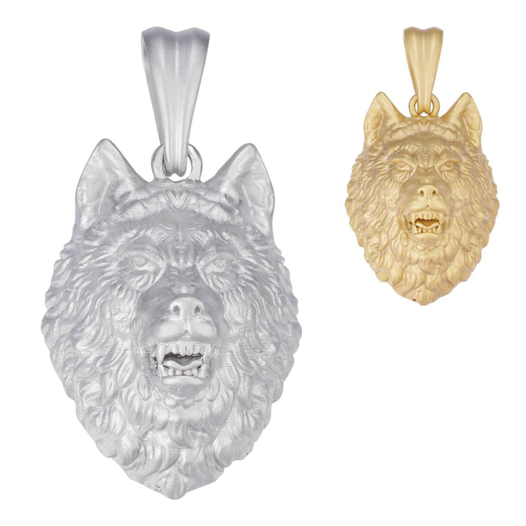Wolf Head High Detailed Pendant - Sandblasted Matte Finish 14k Gold Vermeil Or 925 Silver - Medium 2"
