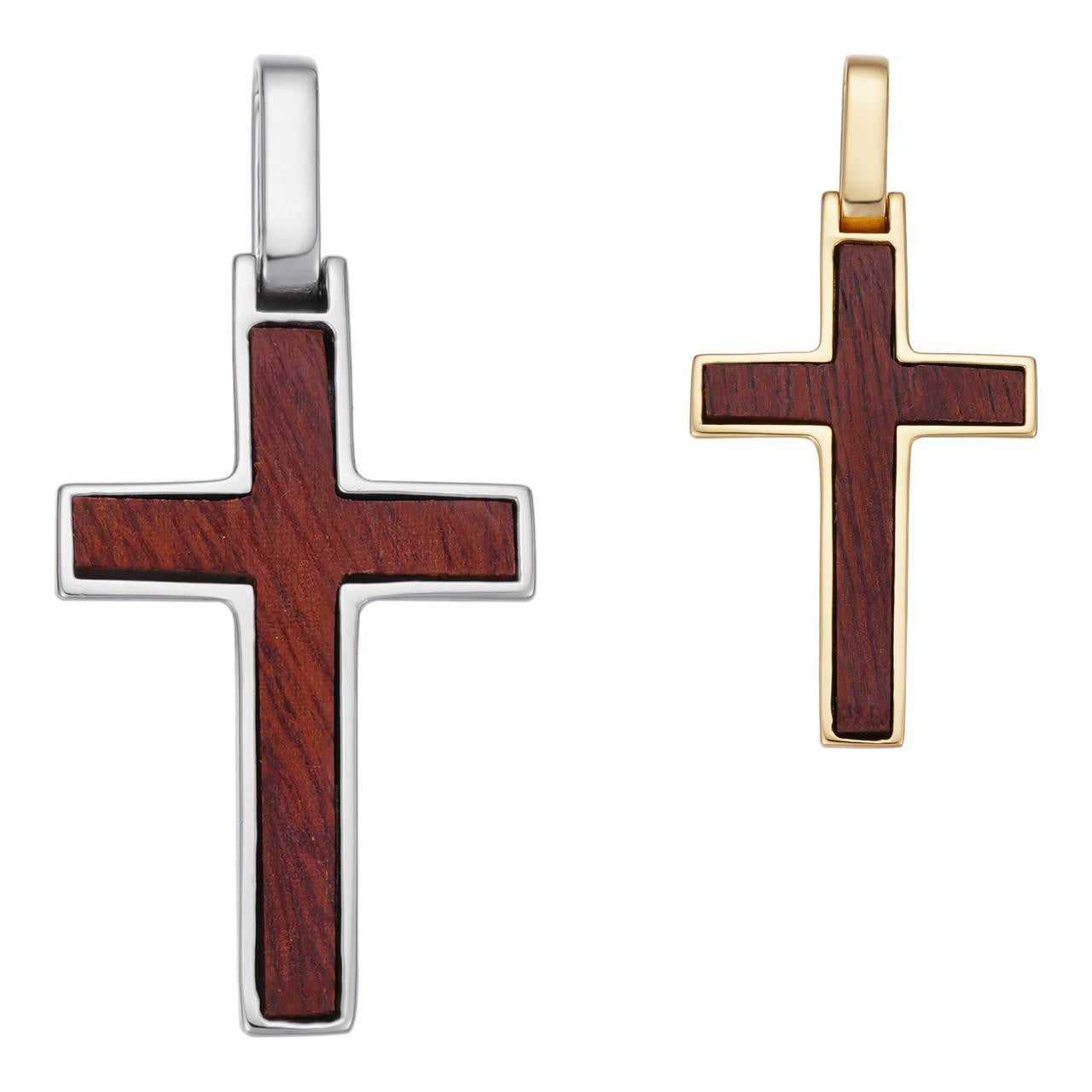 Wood Inlay Plain Religious Cross Pendant - 14k Gold Vermeil Or 925 Silver - Large 2.5"
