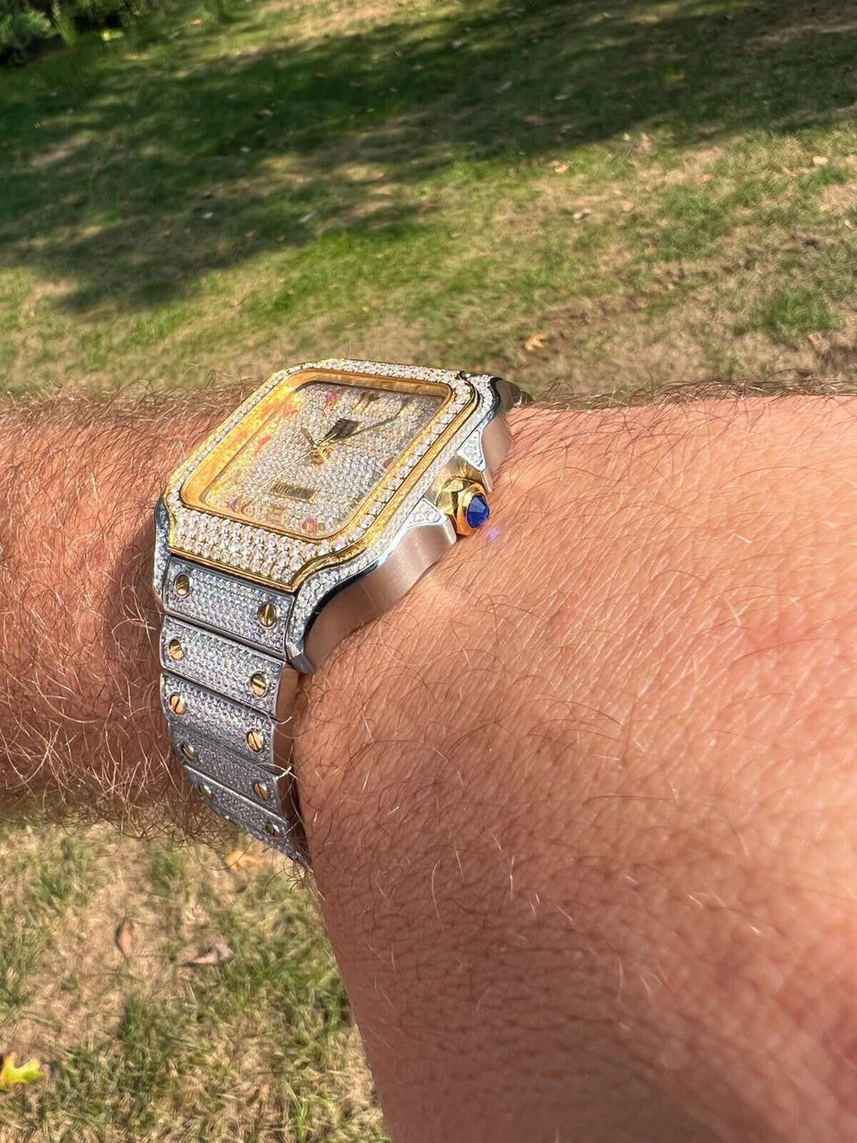 14k Gold Plated & Stainless Steel Two Tone Real Mens Watch Iced CZ Arabic Dial