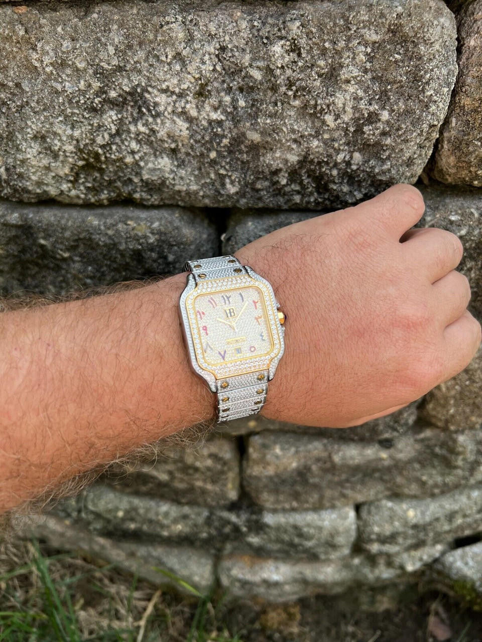 14k Gold Plated & Stainless Steel Two Tone Real Mens Watch Iced CZ Arabic Dial