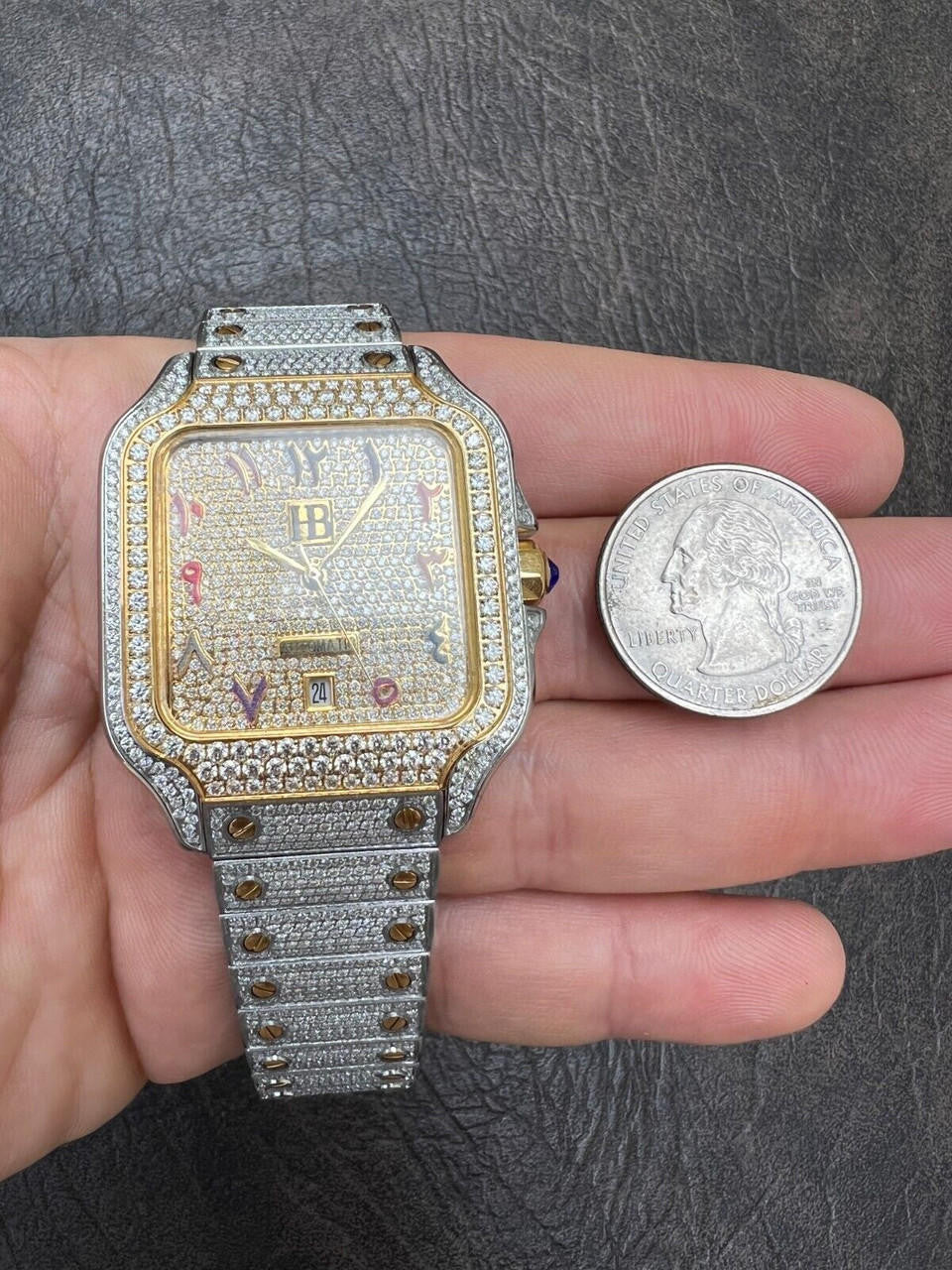 14k Gold Plated & Stainless Steel Two Tone Real Mens Watch Iced CZ Arabic Dial