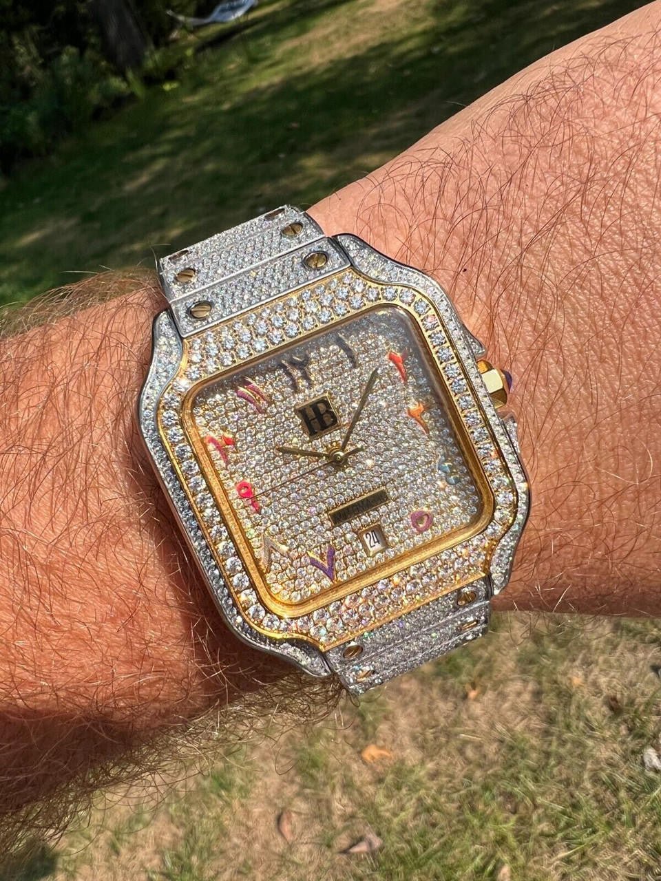 14k Gold Plated & Stainless Steel Two Tone Real Mens Watch Iced CZ Arabic Dial