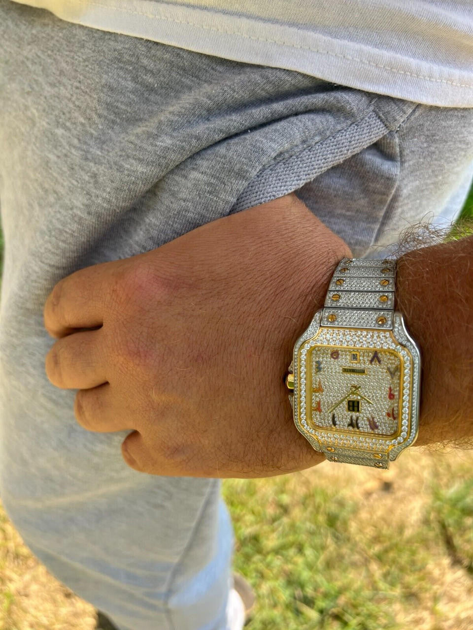 14k Gold Plated & Stainless Steel Two Tone Real Mens Watch Iced CZ Arabic Dial