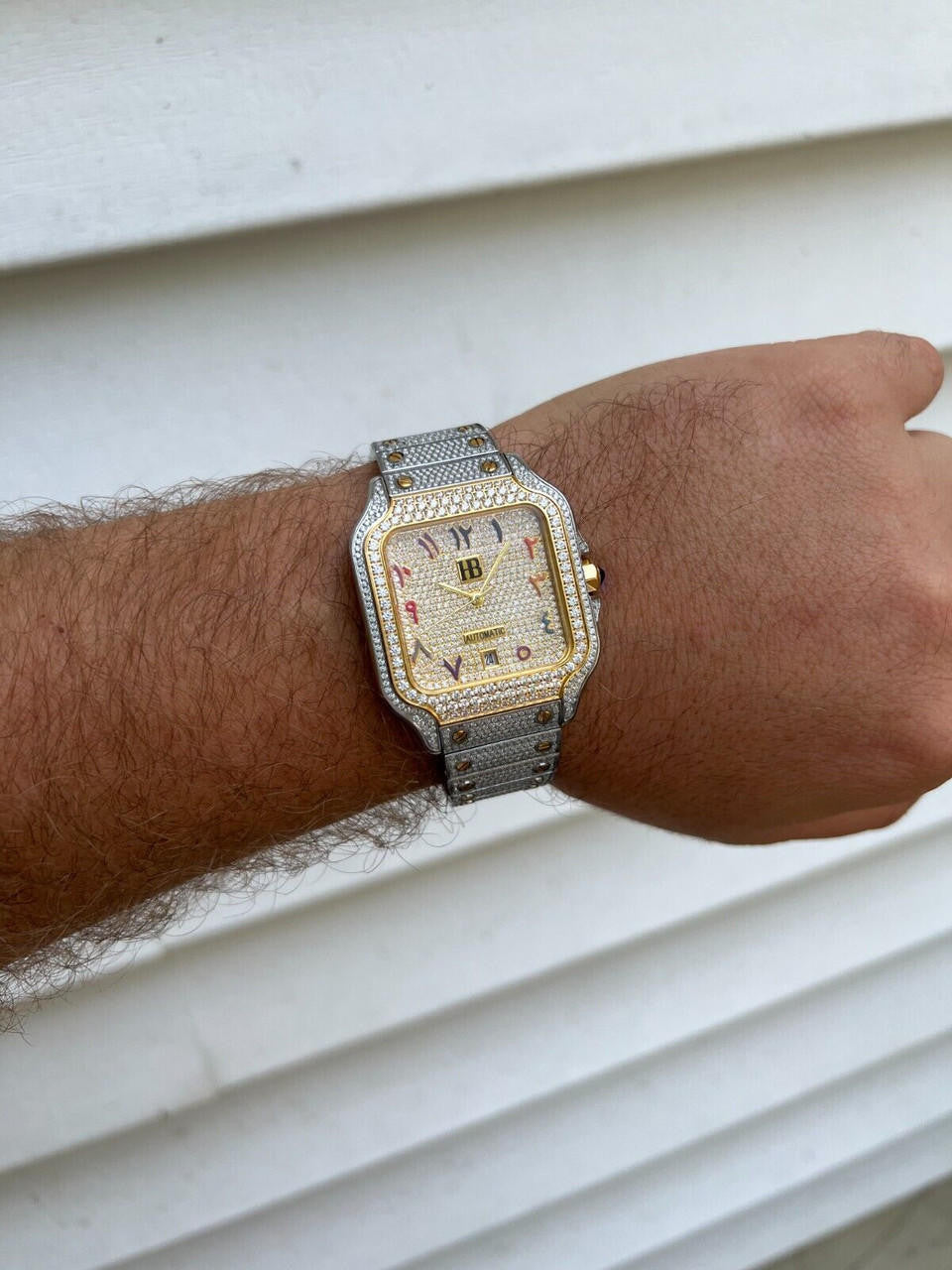 14k Gold Plated & Stainless Steel Two Tone Real Mens Watch Iced CZ Arabic Dial