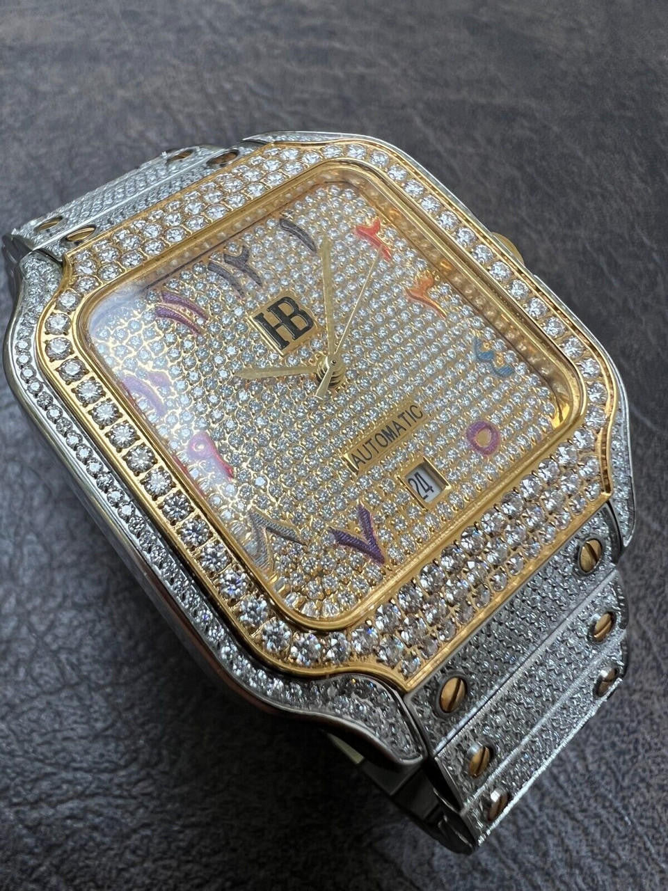 14k Gold Plated & Stainless Steel Two Tone Real Mens Watch Iced CZ Arabic Dial