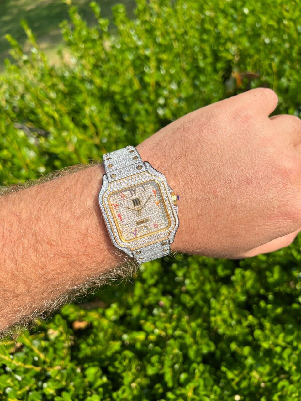 14k Gold Plated & Stainless Steel Two Tone Real Mens Watch Iced CZ Arabic Dial