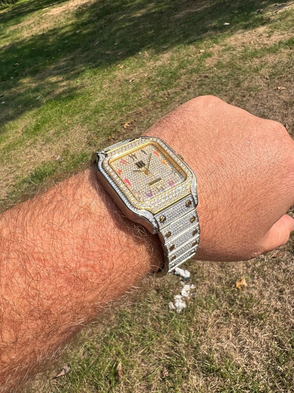 14k Gold Plated & Stainless Steel Two Tone Real Mens Watch Iced CZ Arabic Dial