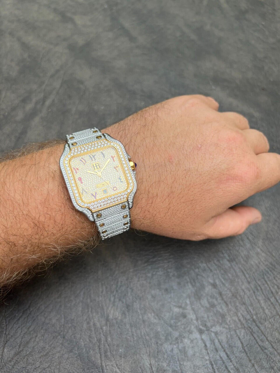 14k Gold Plated & Stainless Steel Two Tone Real Mens Watch Iced CZ Arabic Dial